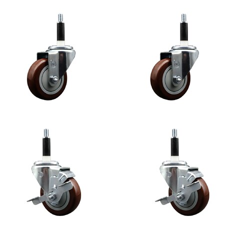 Service Caster 3.5'' SS Maroon Poly Wheel Swivel 7/8'' Expanding Stem Caster Set 2 Brakes, 4PK SCC-SSEX20S3514-PPUB-MRN-2-TLB-2-78